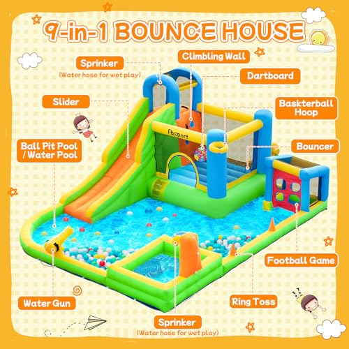 FBSPORT Inflatable Bounce House, 9 in 1 Water Slide with Blower, Bouncy House for Kids Indoor Outdoor Wet Dry Combo Water Bounce House with Football Shooting, Water Gun, Splash Pool, Bounce Area, Hose FBSPORT