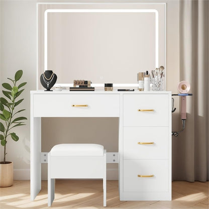 YITAHOME Vanity Desk with LED Lighted Mirror, Makeup Vanity Set with Power Strip, 4 Storage Drawers, Vanity Chair, Dressing Table with Ample Storage, Bedroom Furniture for Women, Ivory White