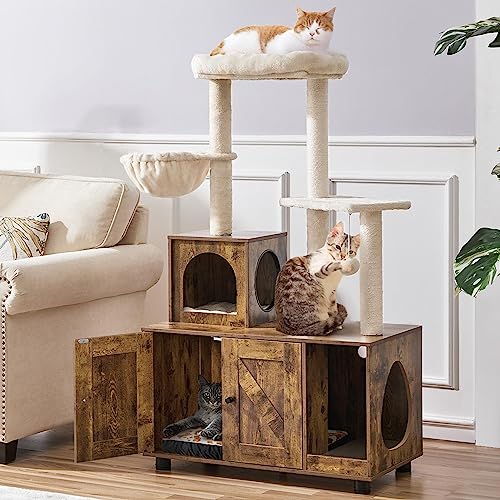 Yaheetech Cat Tree with Litter Box Enclosure, 2-in-1 Cat Tower with Condo & Scratching Post, 53in Tall Cat Tree for Indoor Large Cats, Cat Activity Center, Rustic Brown/Beige Yaheetech