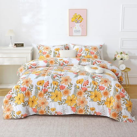 Mooreeke Floral Twin Size Comforter Sets, Vintage Pink & Yellow Flower Patterned Bedding for All Seasons, 2-Piece Vintage Bed in a Bag with Fluffy Quilted Reversible Comforter & Pillow Sham Mooreeke