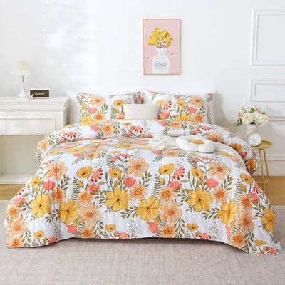 Mooreeke Floral Twin Size Comforter Sets, Vintage Pink & Yellow Flower Patterned Bedding for All Seasons, 2-Piece Vintage Bed in a Bag with Fluffy Quilted Reversible Comforter & Pillow Sham