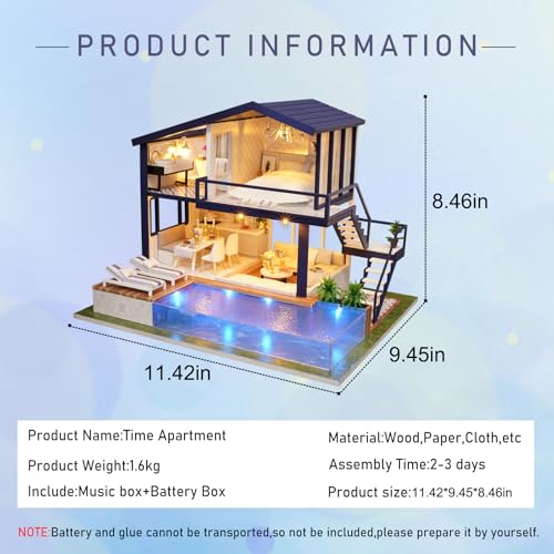 CUTEROOM Miniature House Kit, DIY Dollhouse Kit for Adults to Build, Mini House Making Kit with Furnitures, Time Apartment Dollhouse Kit with Swimming Pool Gifts for Women