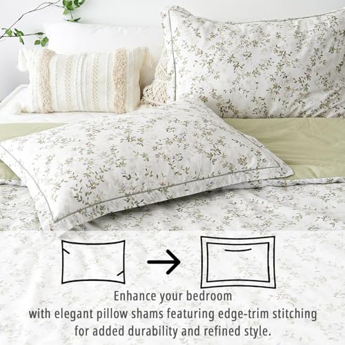 LEMIROE Botanical Cotton Comforter Queen Size - Tender Green Comforter Printed with Leafy Branches & Purple Stamens on Off-White,Reversible Lightweight Bedding Sets 3Pcs LEMIROE