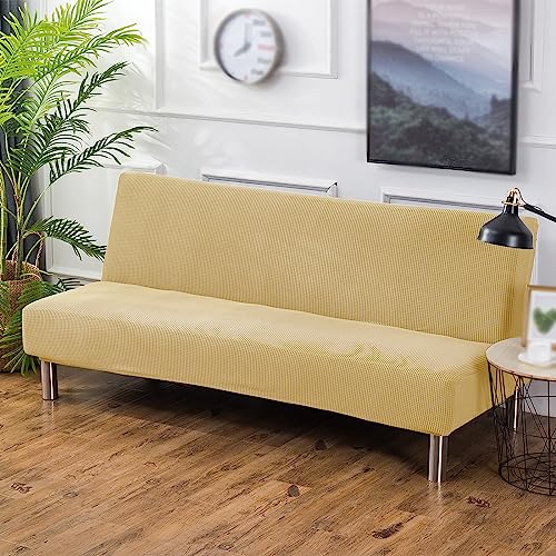 Stretch Futon Cover, Couch Cover for Futon, Armless Sofa Cover, Foldable Sofa Bed Slipcover Without Armrest, Universal Sofa Slipcover Furniture Protector for Kid, Pet(Small Checks Light Yellow,Medium) SHEKAKO