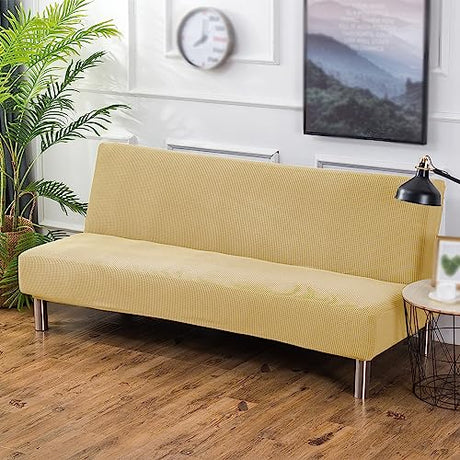 Stretch Futon Cover, Couch Cover for Futon, Armless Sofa Cover, Foldable Sofa Bed Slipcover Without Armrest, Universal Sofa Slipcover Furniture Protector for Kid, Pet(Small Checks Light Yellow,Medium) SHEKAKO