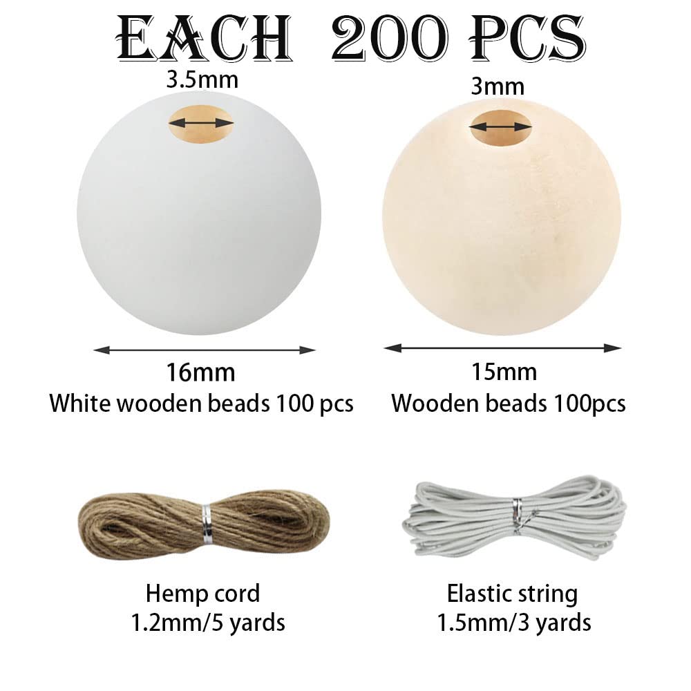 ZHFMLY 16mm 200pcs White Wooden Beads for Crafts 3/5 inch Painting Round Loose Natural Wood Beads Handmade Space Beads for Keychain, Wreath, Farmhouse Making, Home & Party Decoration