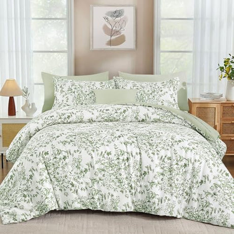 WONGS BEDDING 8 Pieces Queen Size Comforter Set Green, Sage Green Floral Bed in a Bag Comforter Sets, Soft Reversible Botanical Flowers Bedding Sets for All Season (90"x90") WONGS BEDDING