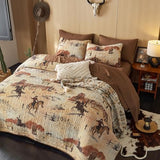Wake In Cloud - Western Quilt Set, Rustic Ranch Life with Cowboy Southwestern Vintage Country Pattern Printed, Reversible Lightweight Bedspread Coverlet, 3 Pieces, Ochre Brown, King Size Wake In Cloud