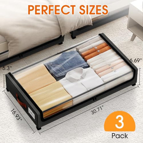 SpaceHacks Under Bed Storage with Wheels 3Pack Storage Containers with Clear Window&Label Under Bed Drawers Rolling Under Bed Storage for Clothes,Shoes, Blankets (30.71 x 16.93 x 6.69 in, Black) SpaceHacks