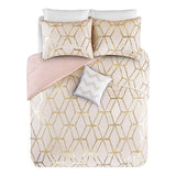 Comfort Spaces Vivian Comforter Set Ultra Soft All Season Lightweight Modern Geometric Glam Metallic Print Bedding, Matching Sham, Decorative Pillow, Full/Queen, Geometric Blush/Gold Comfort Spaces