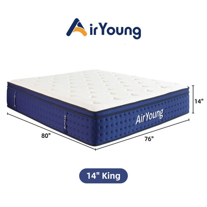 AirYoung Cooling Memory Foam King-Size Mattress 14 Inch, Pocket Coil Hybrid Mattress King, Zero Pressure Back Pain Relieve Lumbar Support, with CertiPUR-US Certified, Medium Firm, 120-Night Trial