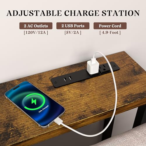 GRLEAF 90" Sofa Table with Built-in Power Strip (4 AC Outlets & 4 USB Ports) – 4.9ft Power Cord, Metal Frame, Easy Assembly, Long Couch Table Behind Sofa, Living Room and Home Office | Rustic Brown GRLEAF