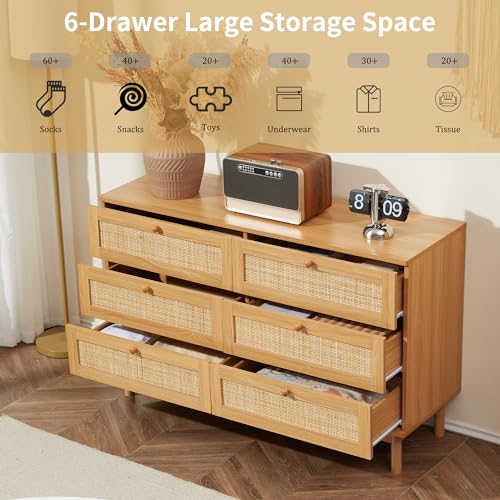 DHMAKER 6 Drawer Rattan Dresser, 48" Modern Double Dresser for Bedroom, Wide Chest of Drawers, Wood Storage Cabinet for Bedroom, Entryway, Living Room, Hallway DHMAKER