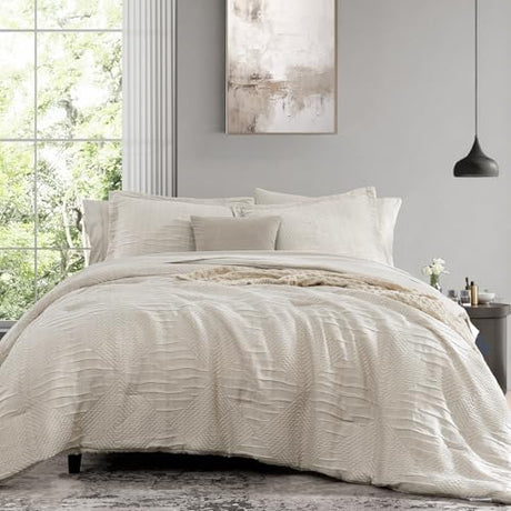 MaiRêve Full Size Comforter Set Beige, Crinkle Textured Design Boho Bedding Set 7 Pieces Bed in A Bag, All Season Geometric Comforter Set with Sheets, Pillowcases & Shams MaiRêve