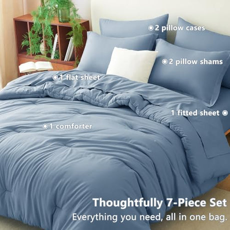 CozyLux Full Comforter Set Grayish Blue, 7 Pieces Bed in a Bag Bedding Comforter Set with Sheets, All Season Boho 7PC Bed Sets with Comforter, Fitted Sheets, Flat Sheets, Pillow Shams and Pillowcases CozyLux