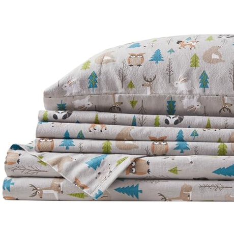 Comfort Spaces Cotton Flannel Sheets Twin Size, Ultra Soft Flannel Sheet Set with 12" Elastic Pocket , Novelty Print Warm Flannel Bedding, Multi Forest Animals 3 Piece Comfort Spaces