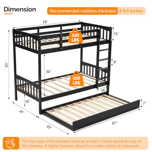 VINGLI Solid Wood Bunk Bed with Trundles,Twin Over Twin Bunkbed with RGB LED/Charging Station,Convertible Bunk Bed Frame with 15 inches High Safety Guardrail and Ladders for Kids,Black VINGLI