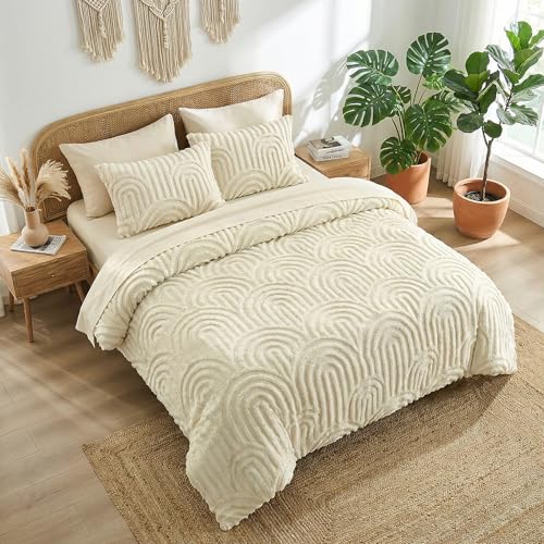 Nesker Boho Queen Comforter Set, 7 Pcs Tufted Beige Bedding Sets, Soft Cozy Chic Bed in a Bag, Arch Pattern Shabby Bed Set All Season with Comforter, Fitted Sheet, Flat Sheet & Pillowcases Nesker