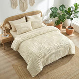 Nesker Boho Queen Comforter Set, 7 Pcs Tufted Beige Bedding Sets, Soft Cozy Chic Bed in a Bag, Arch Pattern Shabby Bed Set All Season with Comforter, Fitted Sheet, Flat Sheet & Pillowcases Nesker
