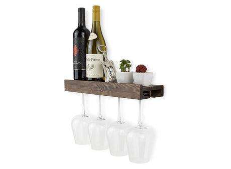 Rustic State Smith Wall Mounted Wood Floating Wine Bottle Rack with Glassware Holder Stemware Shelf Storage Organizer - Home, Kitchen, Dining Room Bar Décor - Walnut Rustic State