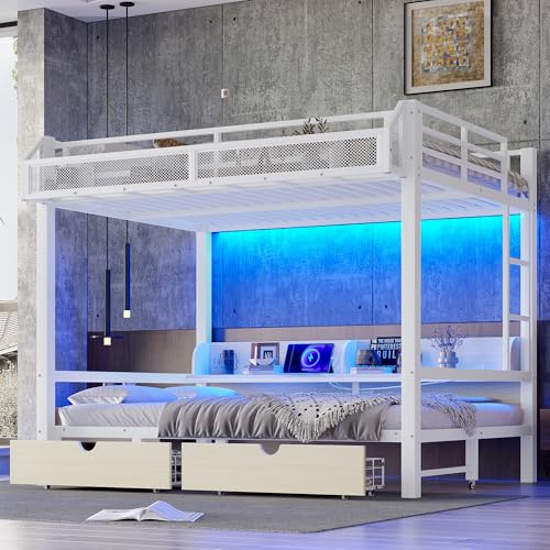 Bellemave Queen Over Queen Bunk Bed Frame with Storage Shelves & Drawers, Metal Bunk Bed Queen Over Queen with Charging Station & LED Lights, Space-Saving Beds Frame Convertible to Sofa Design, White Bellemave