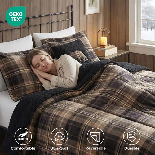 Woolrich Reversible Comforter Set Ultra Soft Plush to Sherpa, Down Alternative, Cold Weather Winter Warm Bedding, with Matching Sham, Decorative Pillow Brown/Black Full/Queen 4 Piece Woolrich John Rich & Bros.