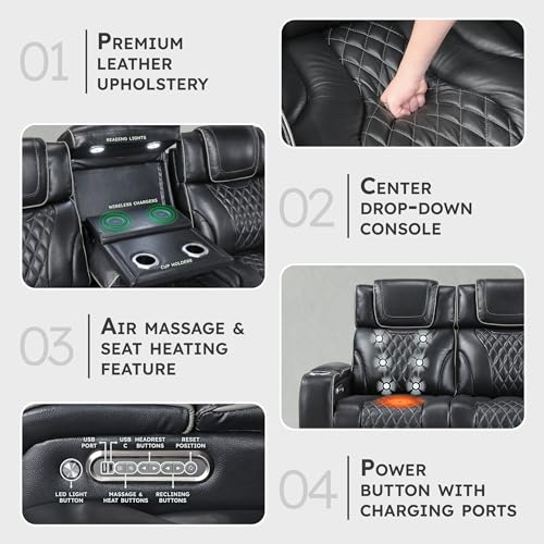Lexicon Power Double Reclining Sofa, Center Drop-Down Table with Heat/Massage/Headrest/Storage Arms/Cup Holders/LED Lights/Wireless Charging, Top Grain Leather Match Wall Hugger Recliner Sofa, Black