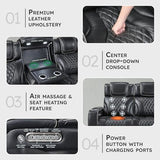 Lexicon Power Double Reclining Sofa, Center Drop-Down Table with Heat/Massage/Headrest/Storage Arms/Cup Holders/LED Lights/Wireless Charging, Top Grain Leather Match Wall Hugger Recliner Sofa, Black