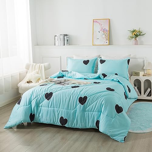 Caressma Comforter Set Twin Size - Light Blue Cute Heart Print Comforter Bedding Set, Soft Microfiber Comforter Set with Pillowsham Caressma