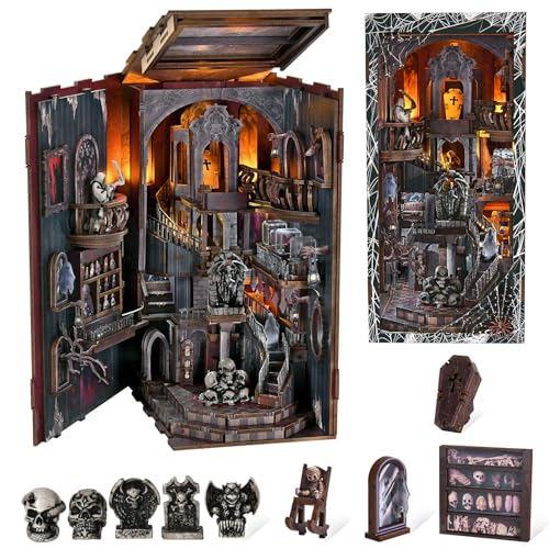 MiniCity Book Nook Kit with LED Light, DIY Miniature Dollhouse Booknook Kit, Creepy Scary 3D Wooden Puzzle Bookshelf Insert Decor for Stress Relief Craft for Book Lovers & Adult (Haunting Relics)