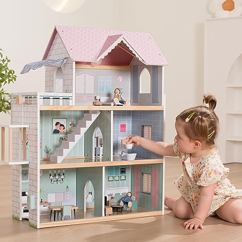Giant bean Wooden Dollhouse 2.6 feet High with Elevator, Doorbell, Light,15 Pieces Furnitures and 3 Dolls, Toy Gift for Girls Ages 3-7+ Giant bean