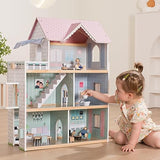 Giant bean Wooden Dollhouse 2.6 feet High with Elevator, Doorbell, Light,15 Pieces Furnitures and 3 Dolls, Toy Gift for Girls Ages 3-7+ Giant bean