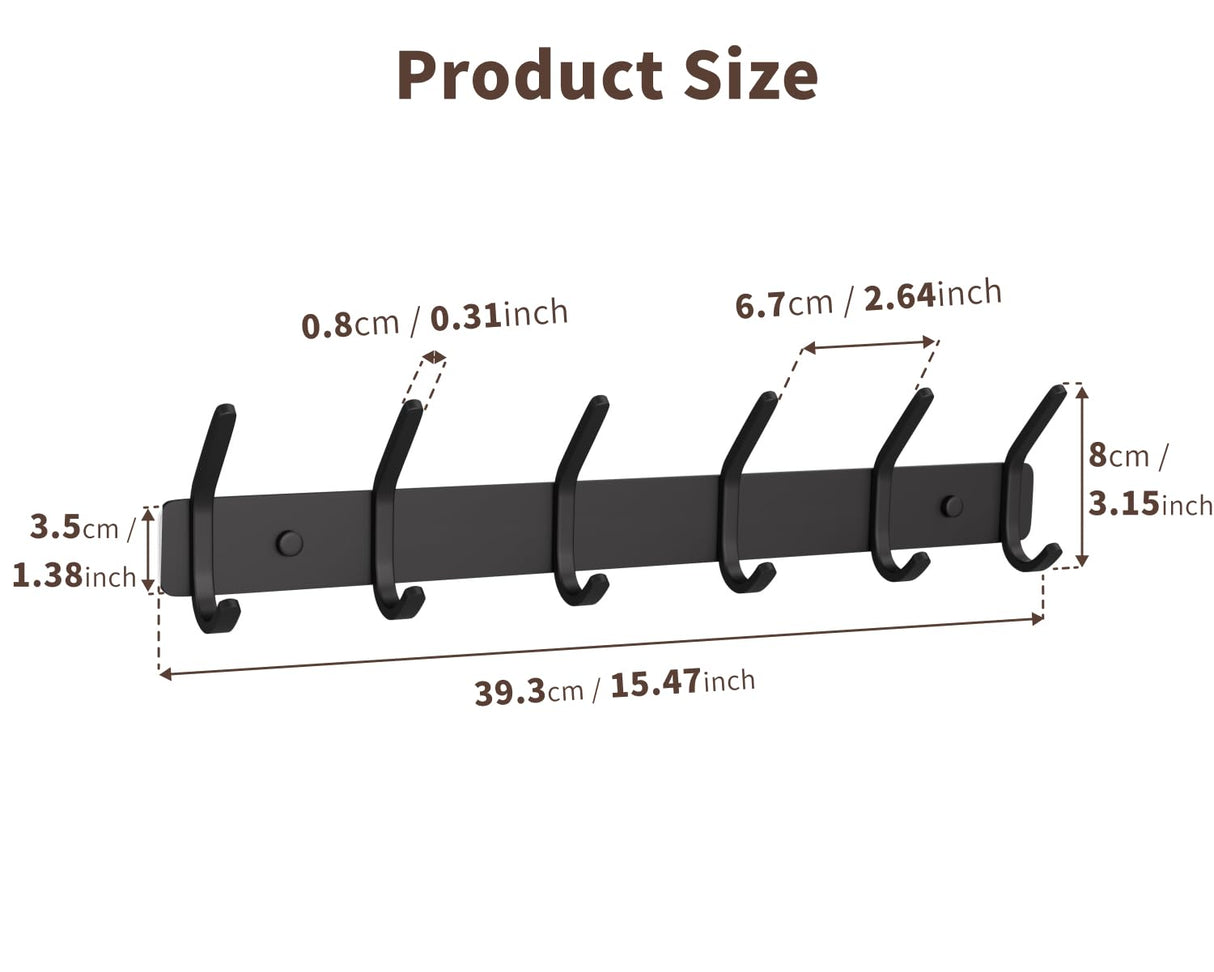 GWAAZXGZ Coat Rack Wall Mount Hooks - 15 Inch Black Hat Rack, Minimalist Design with 6 Hooks for Hanging Coats, Bags, and Towels in Entryway, Livingroom, Bedroom, Bathroom, and Kitchen, 1 Pack GWAAZXGZ