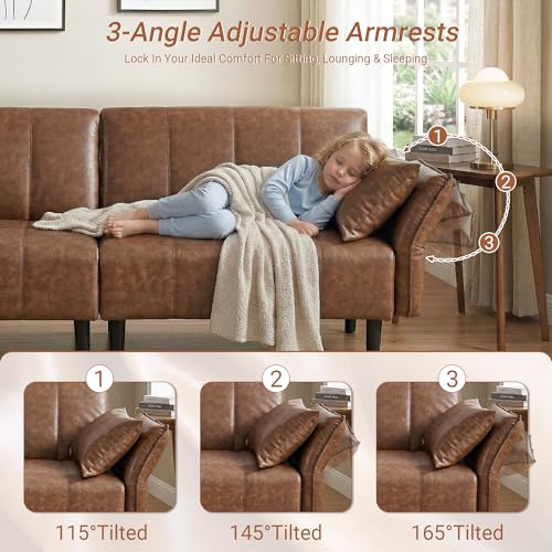 GULFXDS 77" Mid Century Modern Futon Sofa Bed, Comfy Faux Leather Couch with Adjustable Backrest & Armrest, Upholstered Sleeper Sofa for Living Room, Apartment, Home Office (Brown) GULFXDS