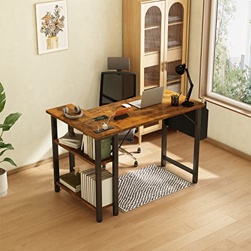Lufeiya Small L Shaped Desk with Power Outlet Shelves, 40 Inch Corner Desk for Small Space Home Office, L-Shaped Computer Desk PC Desks with Charging Station, Rustic Brown Lufeiya