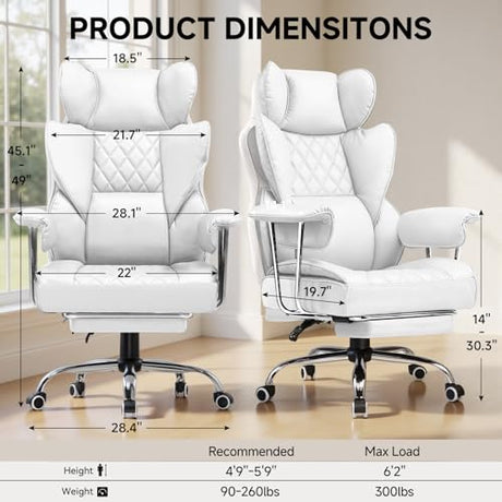 COMHOMA Big and Tall Gaming Chair with Pocket Spring Lumbar Support, Ergonomic Office Chair with Footrest, Executive Desk Chair with Outward Fixed Soft Armrests, Computer Chair with High Back, White COMHOMA