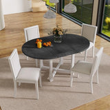 Merax 5-Piece Extendable Dining Table and 4 Upholstered Chairs, Round Oval Dining Table Set for 4, Wood MDF Kitchen Table Set with Removable Leaf for Dining Room, 42" to 58" (Grey+White) Merax