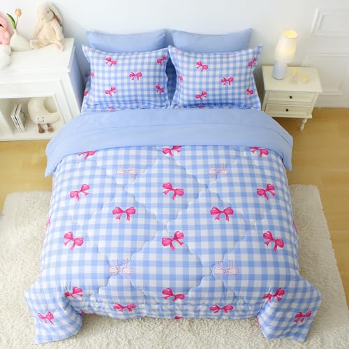 Wajade Bow Comforter Set 7 Piece Blue White Plaid Comforter Sets for Girls Kids Twin Size Checkered Bedding Set with Sheet and 2 Pillowcases 2 Pillow Shams Cute Girls Bed in a Bag as Birthday Choice Wajade