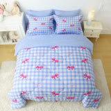 Wajade Bow Comforter Set 7 Piece Blue White Plaid Comforter Sets for Girls Kids Twin Size Checkered Bedding Set with Sheet and 2 Pillowcases 2 Pillow Shams Cute Girls Bed in a Bag as Birthday Choice Wajade