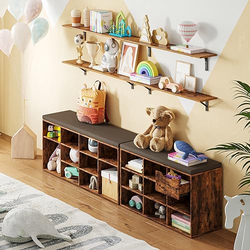 DINZI LVJ Shoe Storage Bench with Cushion, Cubby Shoe Rack with 12 Cubbies, Adjustable Shelves, Multifunctional Shoe Organizer Bench for Entryway, Mudroom, Hallway, Closet and Garage, Rustic  - WoodArtSupply