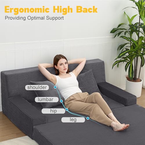 MeMoreCool Folding Futon Couch Queen – Boneless Corduroy Sofa Bed, Convertible Foam Floor Lounger with Pillow & Washable Cover, Foldable Sleeper for Living Room, Bedroom, Guest Space MeMoreCool