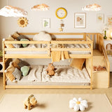 TOLEAD Low Bunk Bed Twin Over Twin, Floor Bunk Beds with Storage Staircase and Guardrails, Wooden Low Bunk Bed with Hanging Bar for Juniors, Boys, Girls, Kids, Natural Wood TOLEAD