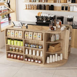 FAMAPY 70.9" L-Shape Reception Desk with Open Display Shelving, 2 Drawers & Cabinets, Modern Reception Counter for Shop Oak 70.9”W x 47.2”D x 39.4”H FAMAPY
