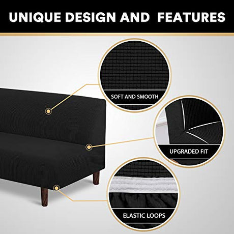 PrinceDeco Stretch Armless Futon Cover Futon Slipcover Full Queen Size Futon Couch Sofa Cover Bed Cover Furniture Protector with Elastic Bottom, Checked Pattern Jacquard, Black PrinceDeco