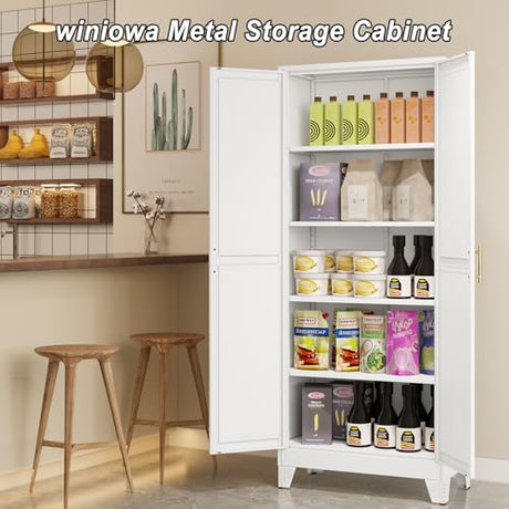 winiowa Metal Pantry Cabinet with 2 Doors and Adjustable Shelves - 71" Kitchen Storage Cabinet with Gold Handles - Versatile Storage for Kitchen, Bathroom, Dining Room, Utility Room - White winiowa