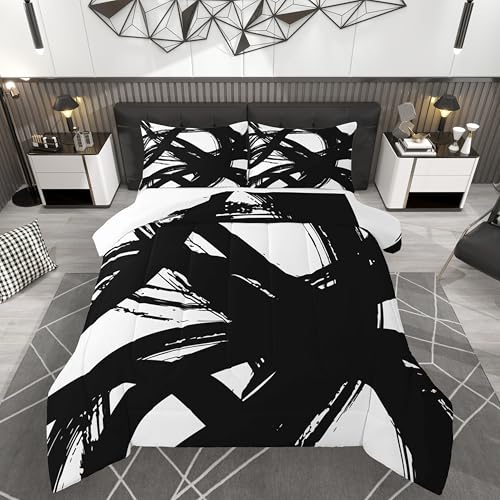 jejeloiu Black and White Comforter Set Queen Size， Abstarct Bedding Set for Kids Boys Girls Modern Stripe Neutral Art Duvet Quilt Bedroom Decor Microfiber 3 Pcs with 2 Pillow Cases jejeloiu