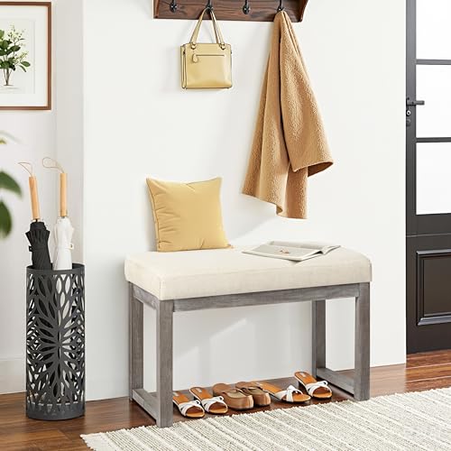 CangLong 27 Inch Wide Ottoman Bench, Rectangle Footstool with Linen Look Fabric and Wood Leg for Entryway, Bedroom & Living Room, Beige CangLong