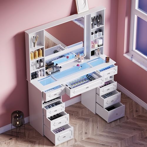 Wildhome Vanity with Mirror and Light, Vanity with Glass Top and 9 Drawers, Dresser Set with Storage Bench, Adjustable Brightness Dresser (White, Glass Table-B) Wildhome