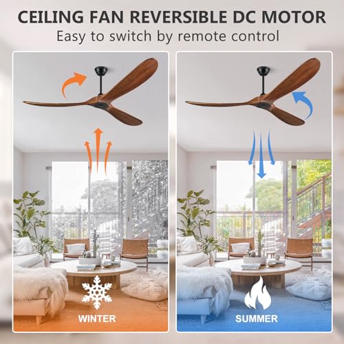 Eliora 72 Inch Ceiling Fan with Remote and Wall Switch, Large Wood Ceiling Fan Without Light 3 Blades, Outdoor Ceiling Fans 6 Speed, Quiet DC Motor for Patios-Deep Walnut