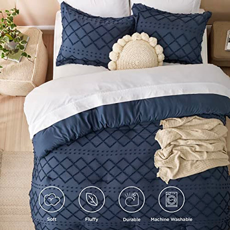 Bedsure King Comforter Set - Navy Blue Comforter, Boho Tufted Shabby Chic Bedding for Kids, 3 Pieces Vintage Farmhouse Bed Set for All Seasons, Fluffy Soft Bedding with 2 Pillow Shams Bedsure